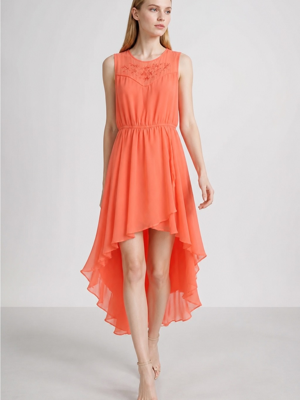 Coral Sleeveless Hi-Low Chiffon Dress with Embroidered Yoke